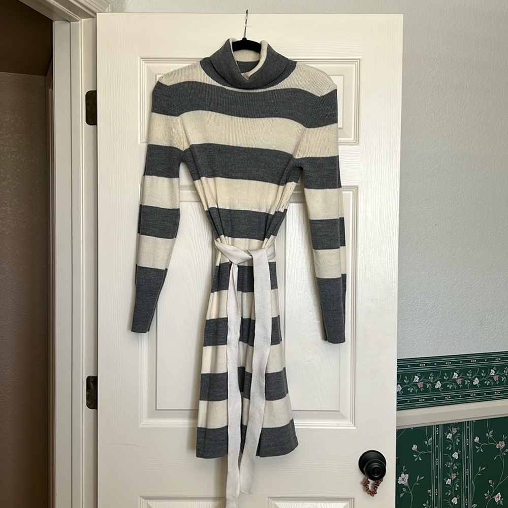 Cato sweater dress with waist tie belt  - cream and grey